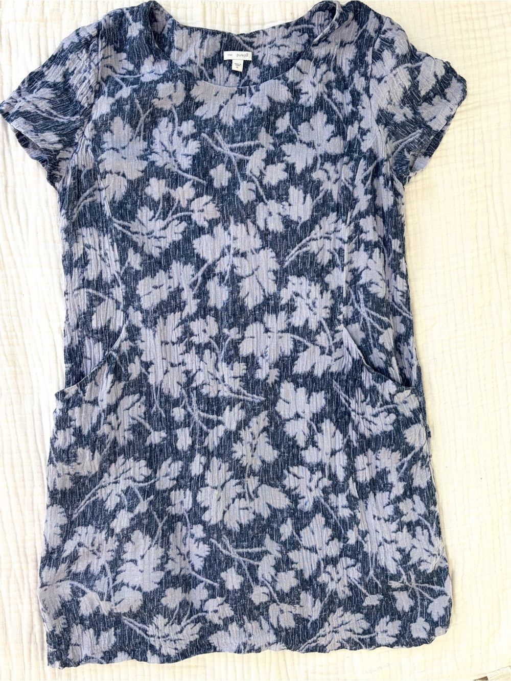 Pure Jill Linen Floral Dress XL Blue Cottage Coastal Pockets